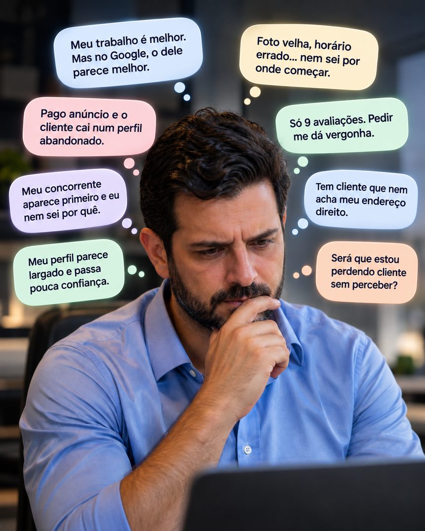 Dono de negócio pensativo diante do computador, com pensamentos: meu trabalho é melhor, mas no Google o dele parece melhor; foto velha, horário errado, nem sei por onde começar; pago anúncio e o cliente cai num perfil abandonado; só 9 avaliações, pedir me dá vergonha; meu concorrente aparece primeiro e eu nem sei por quê; tem cliente que nem acha meu endereço direito; meu perfil parece largado e passa pouca confiança; será que estou perdendo cliente sem perceber?